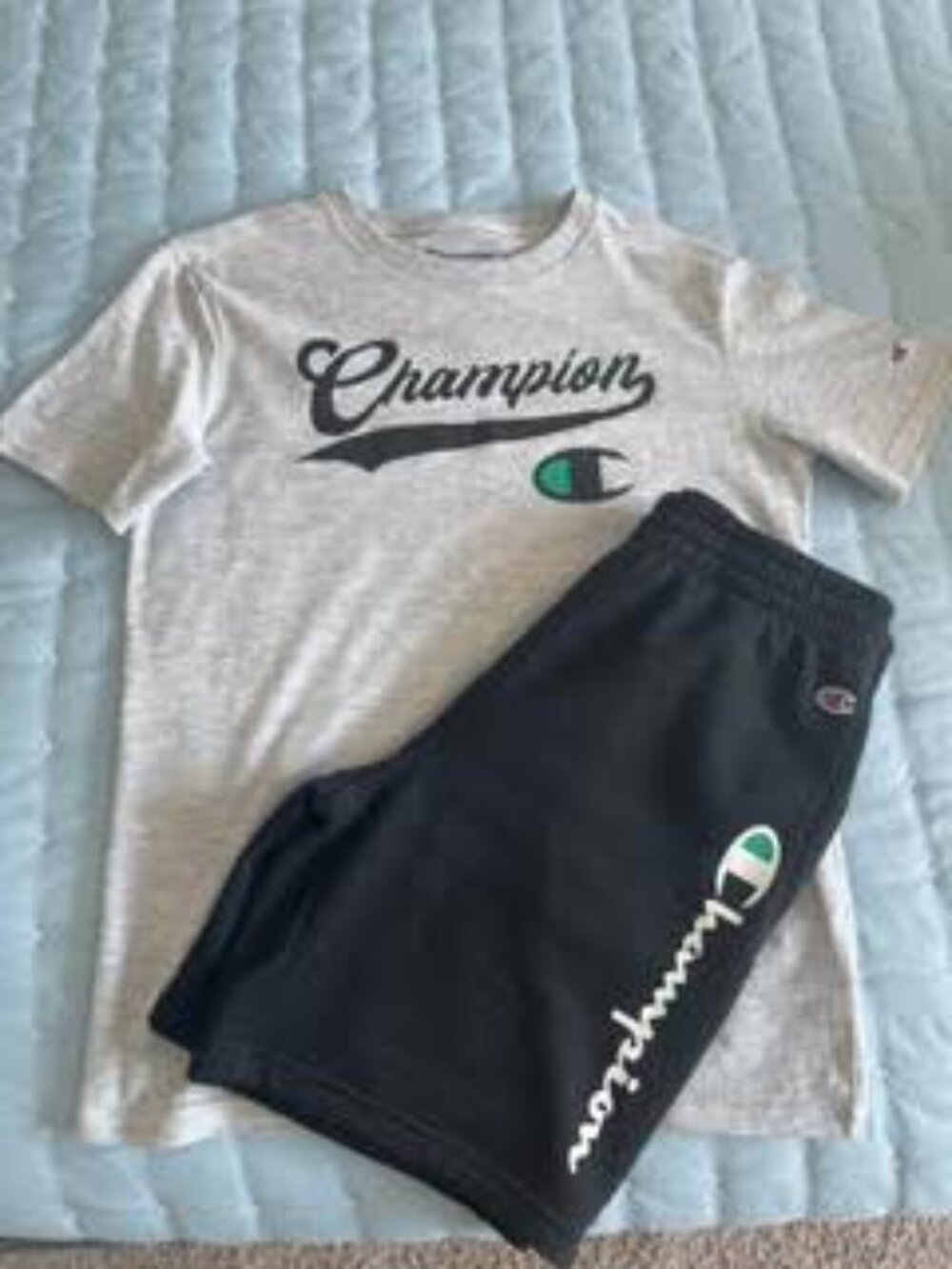 Champion Boys 2-Piece Tee & Shorts Set Size 10 Gray/ Black /Green